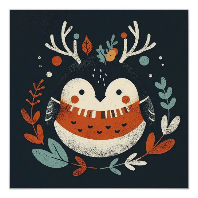 Poster Cute Boho Automne Robin couronne Décale murale (Devant)