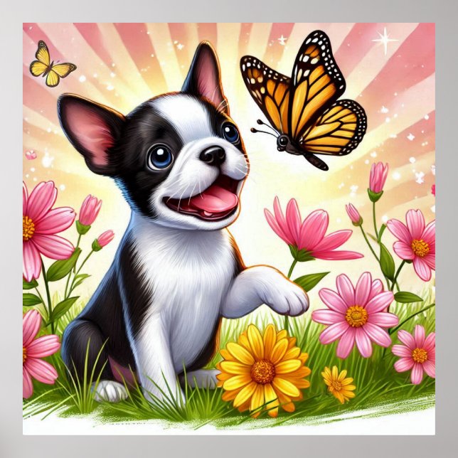 Poster Cute Boston Terrier Chiot Jouant Avec Papillon (Devant)