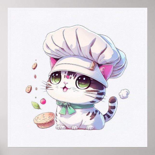 Poster Cute boulangère Chef Chat Kitten avec pain | (Devant)