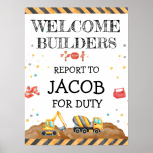 Poster Cute Boy Anniversaire Construction Véhicules Parti