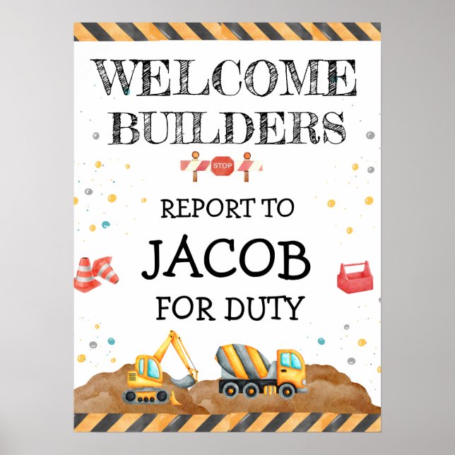 Poster Cute Boy Anniversaire Construction Véhicules Parti (Devant)