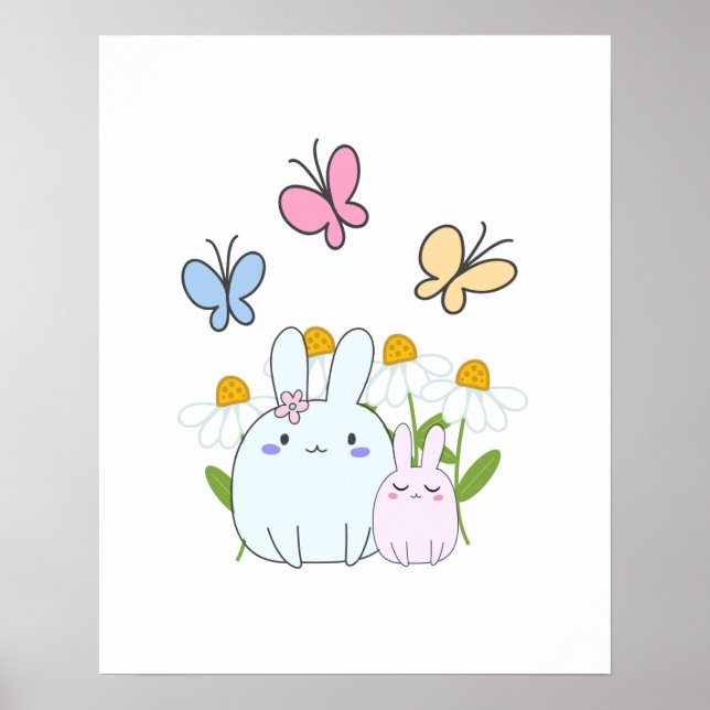 Poster Cute Bunnies avec marguerites de printemps et papi (Devant)