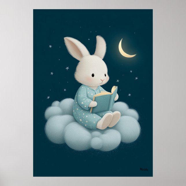 Poster Cute Bunny Reading on Cloud Nursery Bedtime (Devant)
