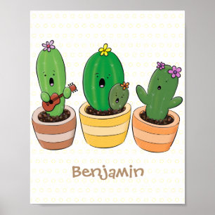 Poster Cute cactus trio singing cartoon illustration