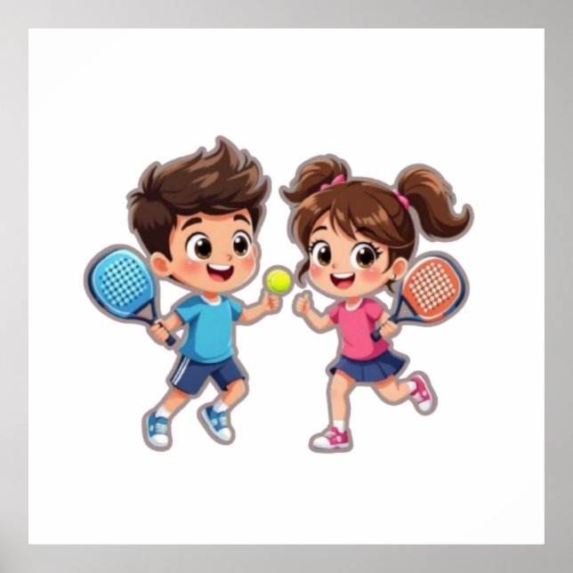 Poster Cute Cartoon Boy and Girl Playing Padel Tennis – F (Devant)
