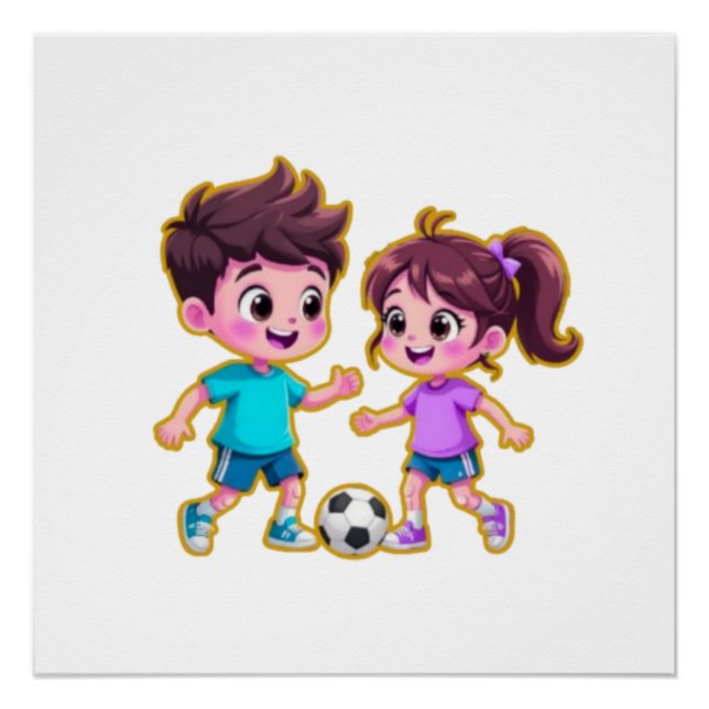 Poster Cute Cartoon Boy and Girl Playing Soccer Together  (Devant)