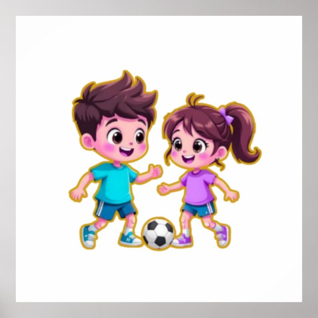 Poster Cute Cartoon Boy and Girl Playing Soccer Together  (Devant)