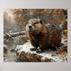 Poster Cute castor pendant la peinture à l'huile d'hiver