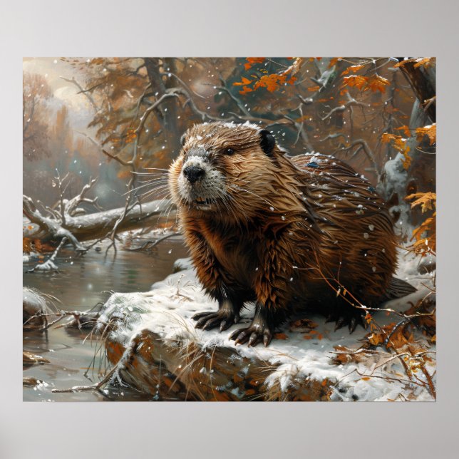 Poster Cute castor pendant la peinture à l'huile d'hiver (Devant)