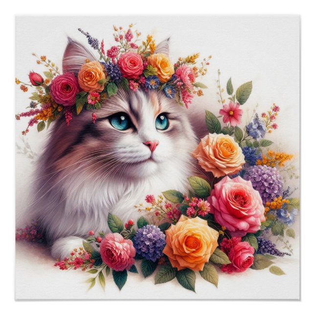 Poster Cute cat flowers painting (Devant)