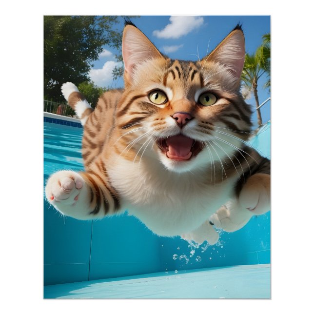 Poster Cute Cat Flying Natation Plongée dans la piscine A (Devant)