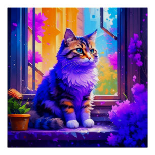 Poster Cute chat assis dans la fenêtre Ai Art