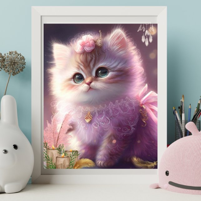 Poster Cute Chat Kitten en Robe violette Florale Art Nurs (Créateur téléchargé)