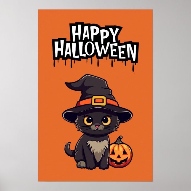 Poster Cute Chat Noir Avec Citrouille Jack-o'-lantern (Devant)