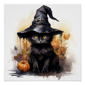 Poster Cute chat noir avec un grand Casquette noir