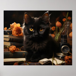 Poster Cute Chat noir et Fleurs