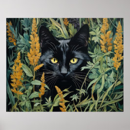 Poster Cute Chat noir et Fleurs