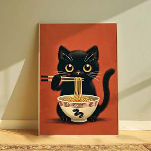 Poster Cute Chat Noir Manger Ramen Kawaii Mur de nouilles