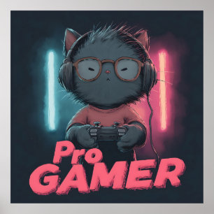 Poster Cute chat "Pro Gamer" avec casque