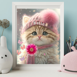 Poster Cute Chat rose Knit Écarf Casquette Floral Personn