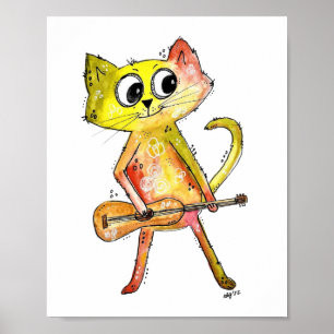 Poster Cute Chat Whimsical Jouer Guitare