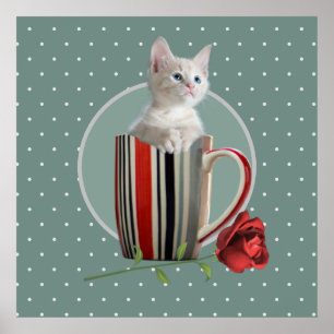 Poster Cute chaton café tasse photo fleur vert moderne