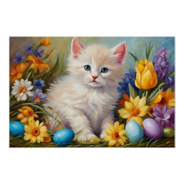 Poster Cute chaton de Pâques avec fleurs et oeufs de Pâqu (Devant)