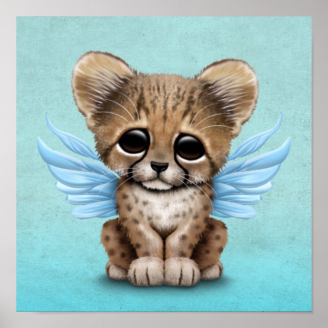 Poster Cute Cheetah Cub avec des ailes de fée sur bleu (Devant)