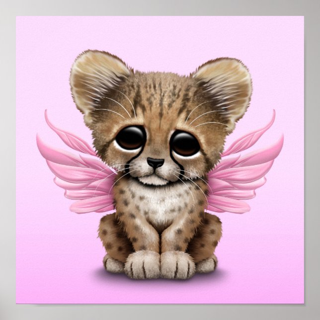Poster Cute Cheetah Cub avec des ailes de fée sur rose (Devant)