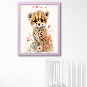 Poster Cute Cheetah Cub Pastel Aquarelle Fleurs de printe