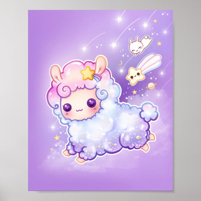 Poster Cute chibi alpaca avec l'étoile filante kawaii (Devant)