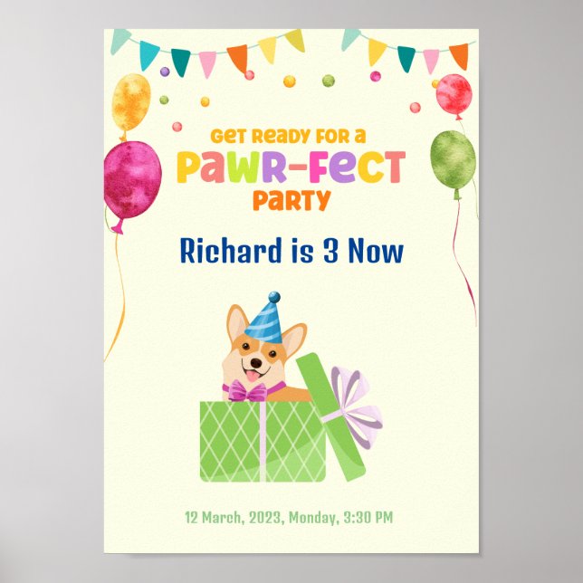 Poster Cute Chien Chiot Puppy Theme Fête d'Anniversaire d (Devant)