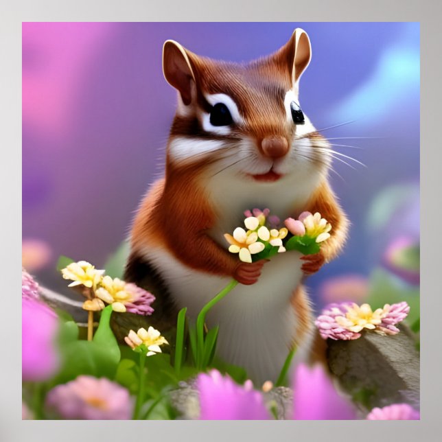 Poster Cute Chipmunk avec Fleurs (Devant)