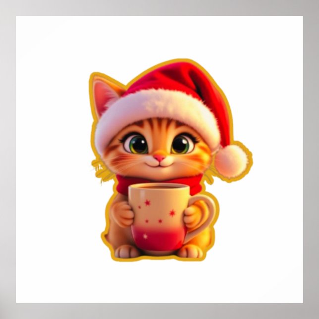 Poster **Cute Christmas Cat with Santa Hat – Funny Holida (Devant)