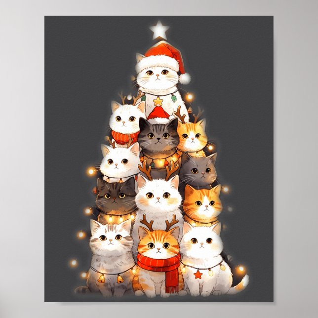 Poster Cute Christmas Cats Tree Lights Holiday Kittens Il (Devant)