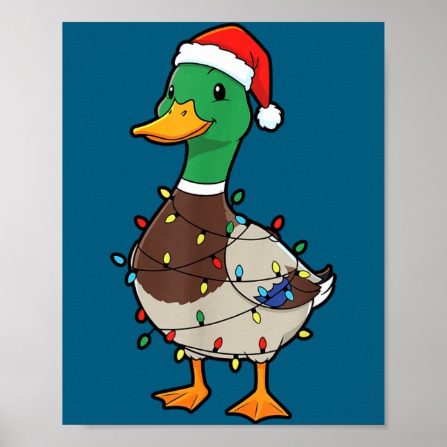 Poster Cute Christmas Duck Mallard With Xmas Lights  (Devant)