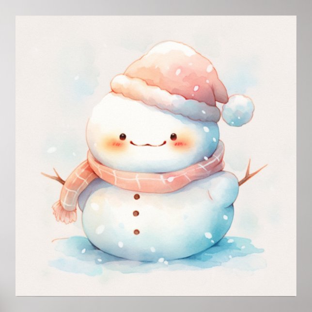 Poster Cute Chubby Aquarelle Snowman (Devant)