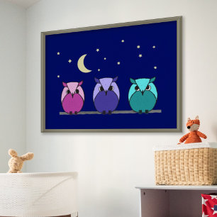 Poster Cute Colorful Cartoon Owls Night Sky Print