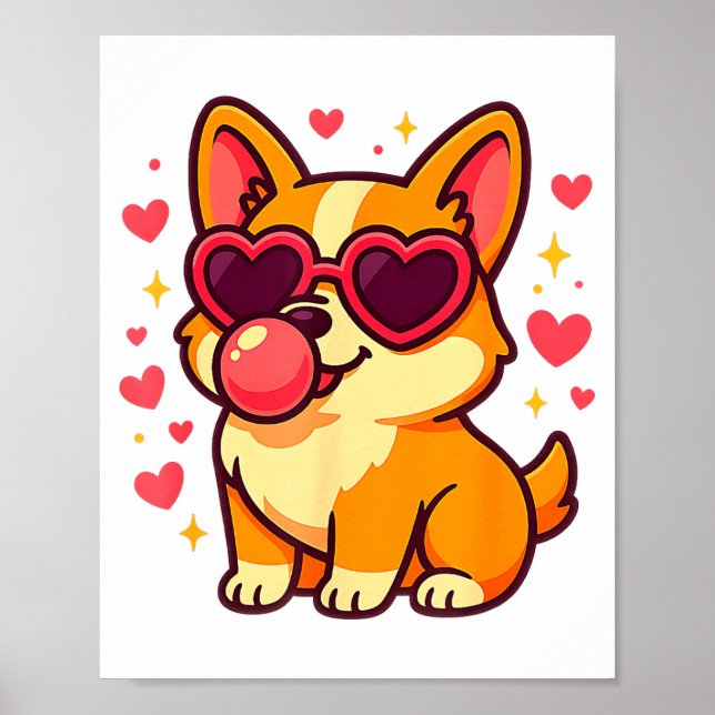 Poster Cute Corgi Valentine Puppy With Heart Sungles  (Devant)