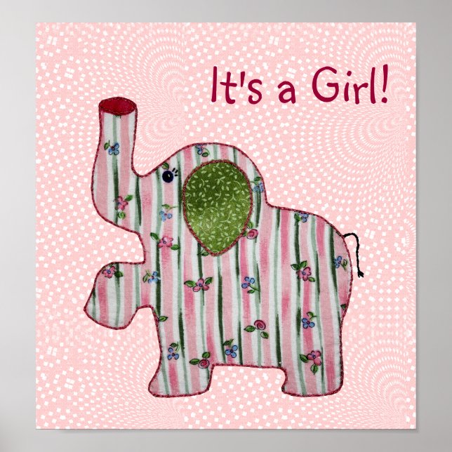 Poster Cute Country Style Eléphant Rose Baby Girl (Devant)