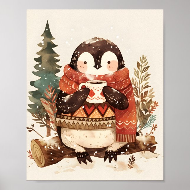 Poster Cute Cozy Penguin Winter Nursery Wall Art Print  (Devant)