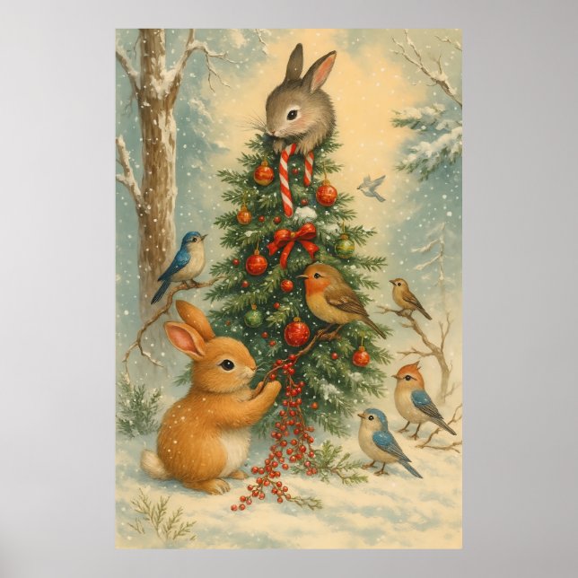 Poster Cute cozy woodland christmas bunny festive  (Devant)