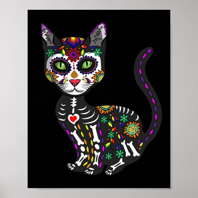 Poster Cute Crâne Sucre Mexicaine Chat Halloween Jour De (Devant)