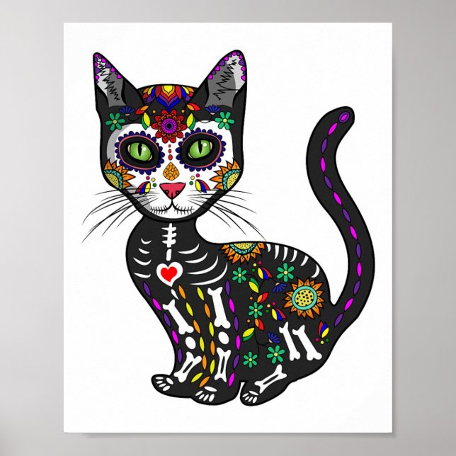 Poster Cute Crâne Sucre Mexicaine Chat Halloween Jour De (Devant)