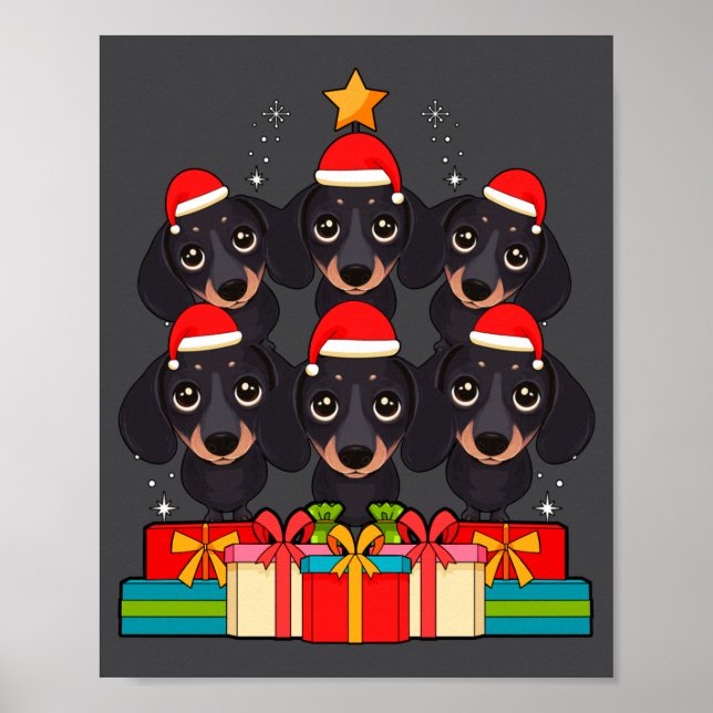 Poster Cute Dachshund Le Doxie Christmas Tree Xmas Hat Lo (Devant)