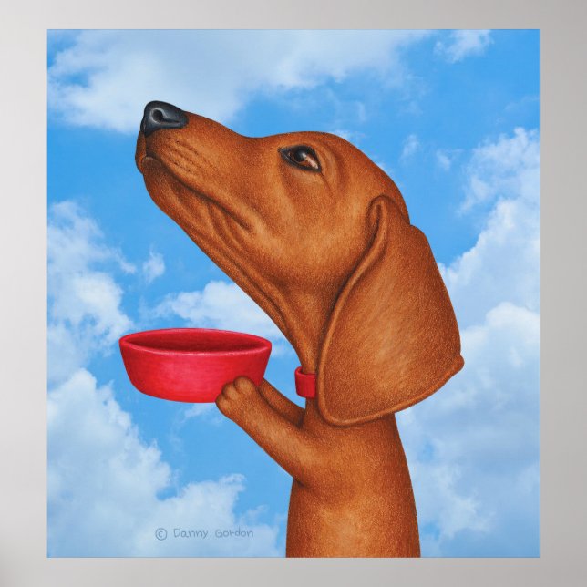Poster Cute Dachshund tenant le bol rouge (Devant)