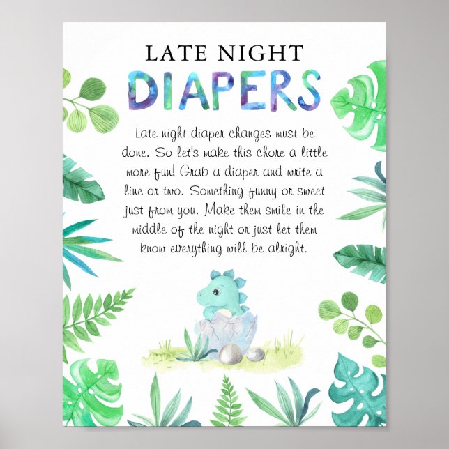 Poster Cute Dino Boy Baby shower 'Late Night Diaper' (Devant)
