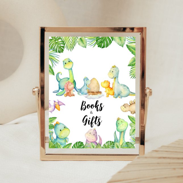 Poster Cute Dinosaur Baby showers Livres et Cadeaux (Greenery Dinosaur Baby Shower Books and Gifts Sign)