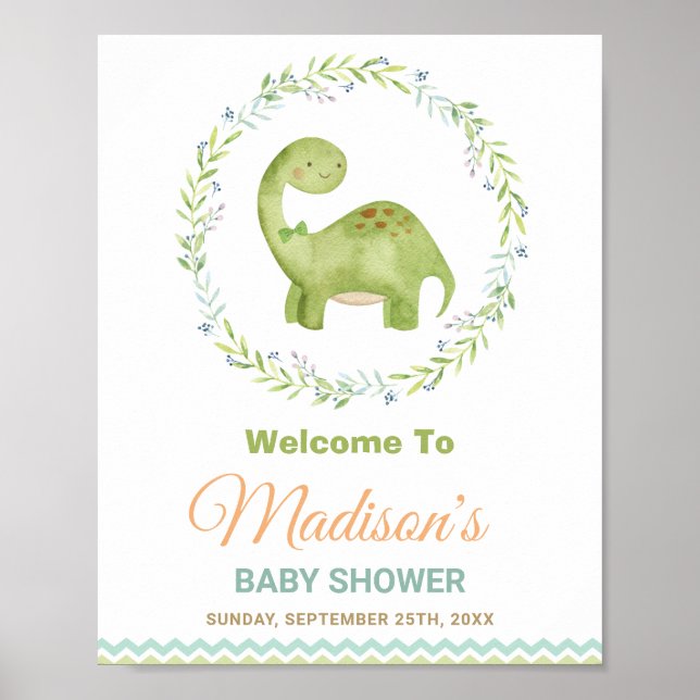 Poster Cute Dinosaur Brontosaurus Boy Baby shower Bienven (Devant)
