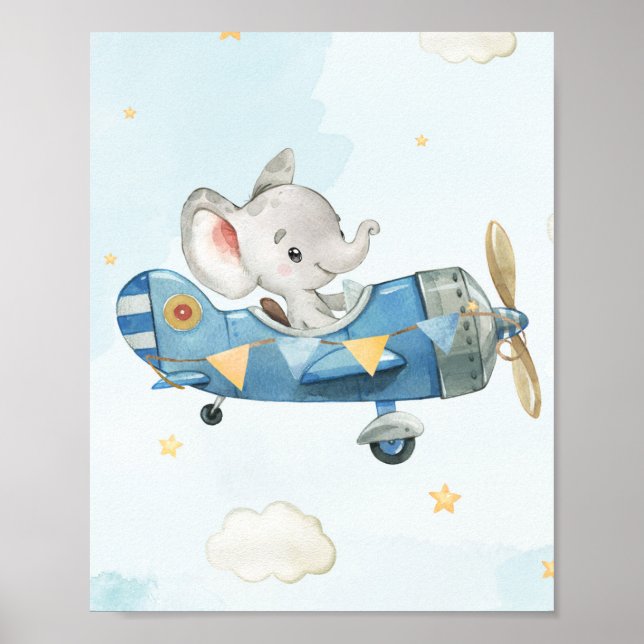 Poster Cute Elephant Avion Aventure Ciel Bleu (Devant)